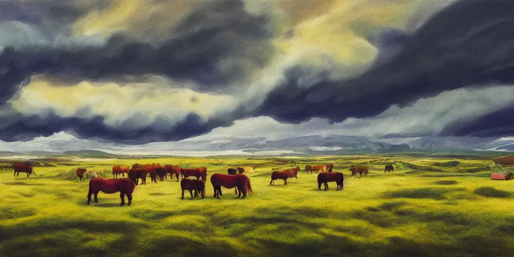 Image similar to a beautiful painting of a icelandic farm, one icelandic horses galloping, storm clouds gathering over the town, by studio ghibli 8 k pastel colours, isometric, six point perspective, drone shot, smeared watercolours, golden light, film grain