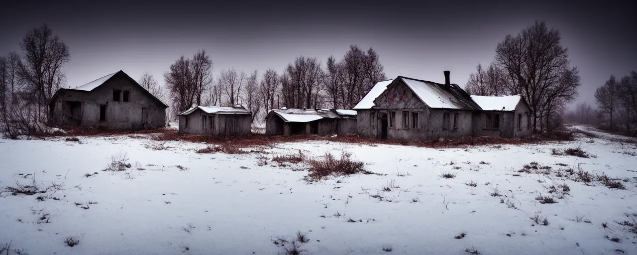 Prompt: landscape, soviet military, abandoned lifeless house, dark winter evening, snowing, atmospheric, mystical, very detailed 4 k