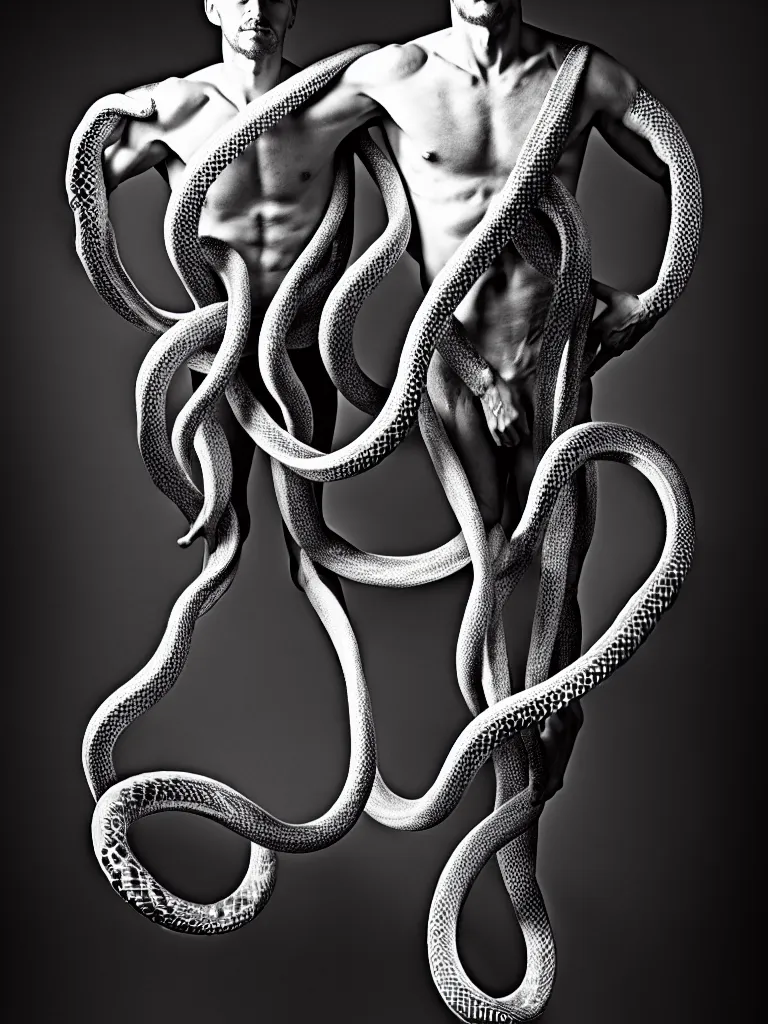 Prompt: a perfect full length portrait of a man standing, proudly displaying his four dimensional hyperbolic body extensions that extrude, protude and extend outwards and around his body like grasping prehensile tendrils tentacles and snakes, perfect studio lighting.