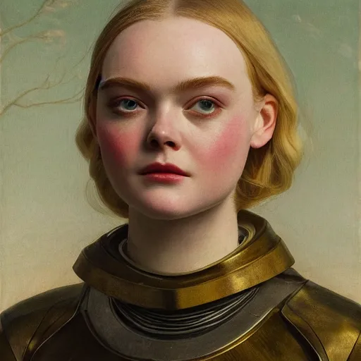 Image similar to Elle Fanning as an Android, head and shoulders masterpiece, oil on canvas, golden hour, in the world of Andrew Wyeth and Bosch, artstation, by J. C. Leyendecker and Peter Paul Rubens,