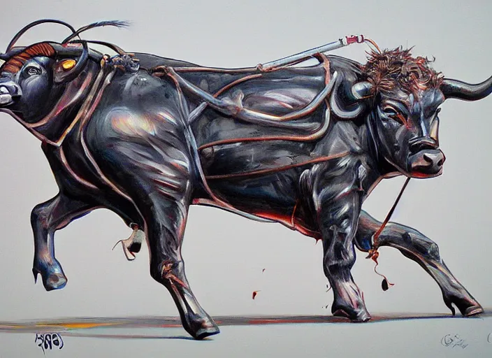 Image similar to mechanical rodeo bull, detailed bull, anime, ralph goings, cartoon styled painting