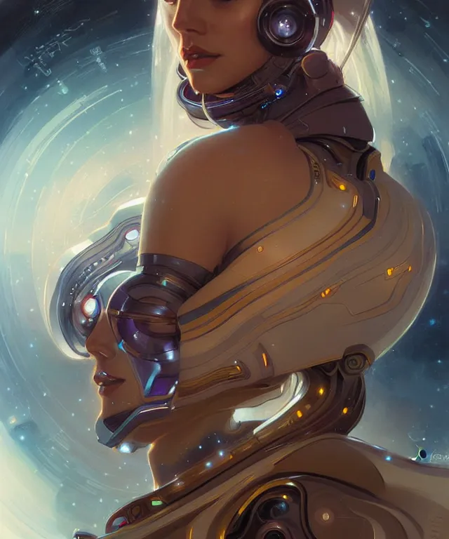 Image similar to futuristic space woman portrait, sci-fi, amber eyes, face, long hair, fantasy, intricate, elegant, highly detailed, digital painting, artstation, concept art, smooth, sharp focus, illustration, art by artgerm and greg rutkowski and alphonse mucha