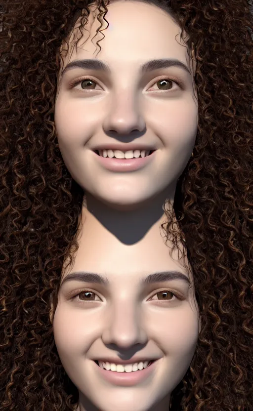 Image similar to 8 k uhd poser render of the face of a young woman with marble complexion, angelic features, her face framed with curls, her head raised in rapture, laughing, portrait photography, symmetrical eyes, by andrew gonzalez, background lush vegetation, insects and birds, dof narrow, 1 0 5 mm lens