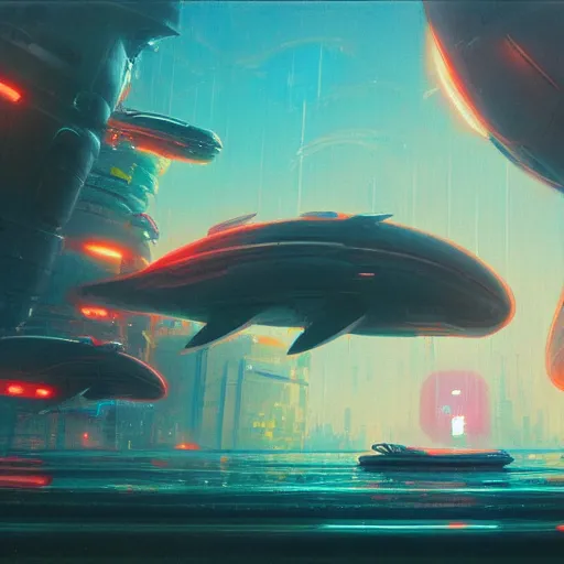 Prompt: futuristic whales floating above a cyberpunk city by Paul Lehr