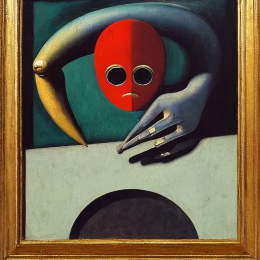 Image similar to An oil painting of a strange alien creature by Max Ernst and Giorgio de Chirico