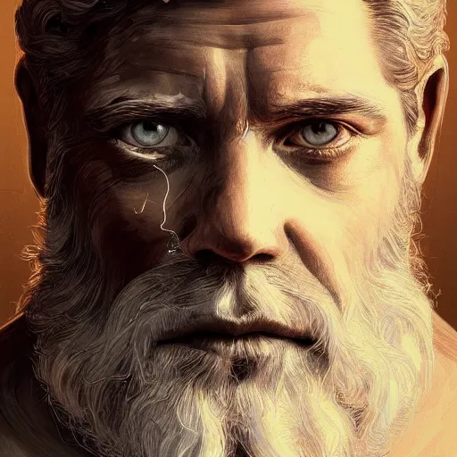 Image similar to portrait of melted zeus starring into the camera, fixed eyes, lightning environment, surreal, dramatic lighting, face, detailed, intricate, elegant, highly detailed, digital painting, artstation,, concept art, smooth, sharp focus, illustration, art by sam spratt, dan mumford, artem demura and alphonse mucha