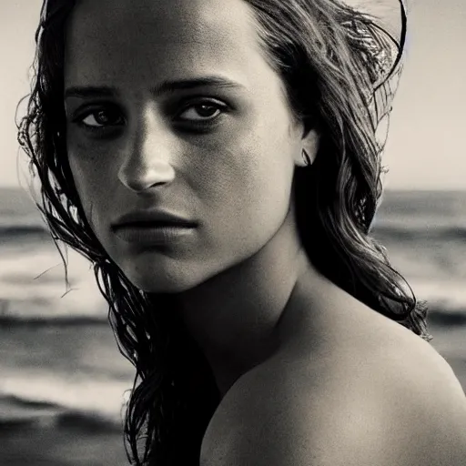 Prompt: alicia vikander. faces away. watches sunset on the beach. perfect anatomy. meticulous detail. black and white, smooth, sharp focus, chiaroscuro, manga illustration, artgerm, greg rutkowski, alphonse mucha, young adult light novel cover art