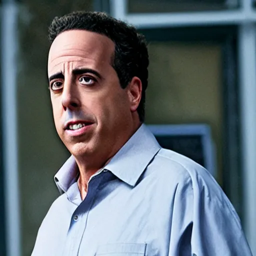 Prompt: Live Action Still of Jerry Seinfeld in Breaking Bad, real life, hyperrealistic, ultra realistic, realistic, highly detailed, epic, HD quality, 8k resolution, body and headshot, film still