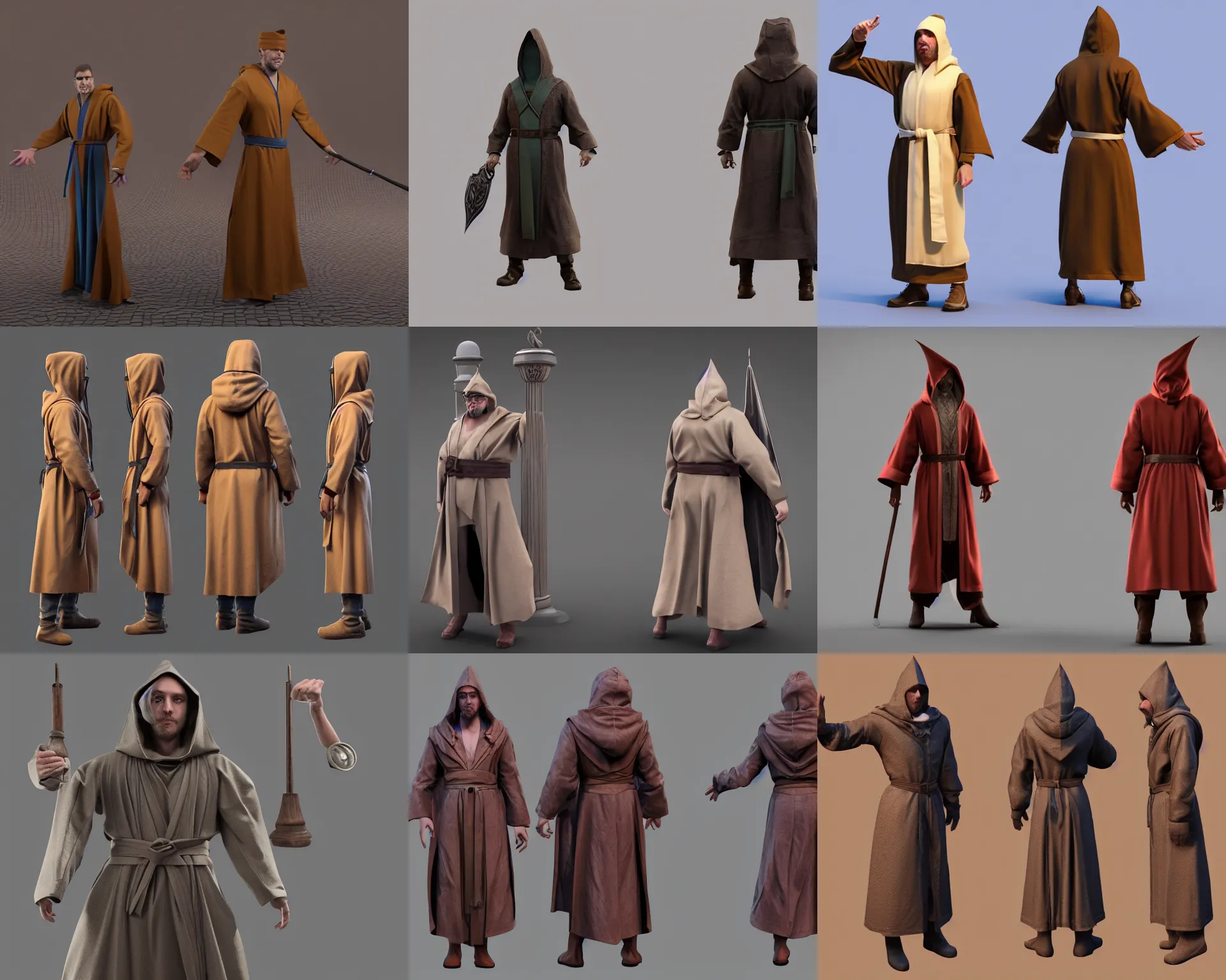Prompt: 3d model rigged, t-pose of male magic wizard, potions, belt, robes, hood, T Pose, 3d marketplace, front view, side view, character design sheet but 3d rendered, octane render, ray tracing, unreal engine 5, DAZ, zbrush, CGSociety, insanely detailed, 8k,