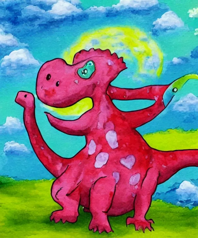 Image similar to a cute little dinosaur, water painting, heart - shaped clouds