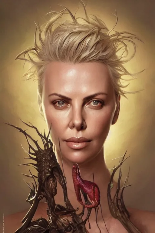 Prompt: Portrait of Charlize Theron as Venus flytrap, intricate, highly detailed, smooth, artstation, digital illustration by Ruan Jia and Mandy Jurgens and Artgerm and Wayne Barlowe and Greg Rutkowski and Zdislav Beksinski