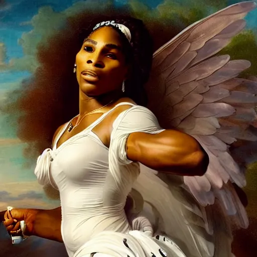 Prompt: Full body Portrait of Serena Williams as Nike Goddess, large wings, luxuriant, dreamy, eternity, romantic, strong pose, highly detailed, in the style of Franz Xaver Winterhalter, highly detailed, in the style of Aetherpunk