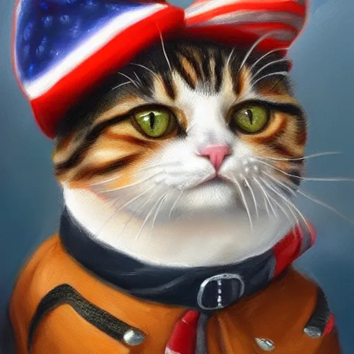 Image similar to A cat wearing a beret with the American flag on it, oil Painting, ultradetailed, artstation