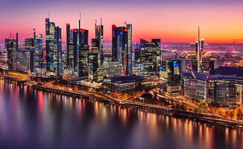 Image similar to frankfurt skyline at sunset, highly detailed, 8 k