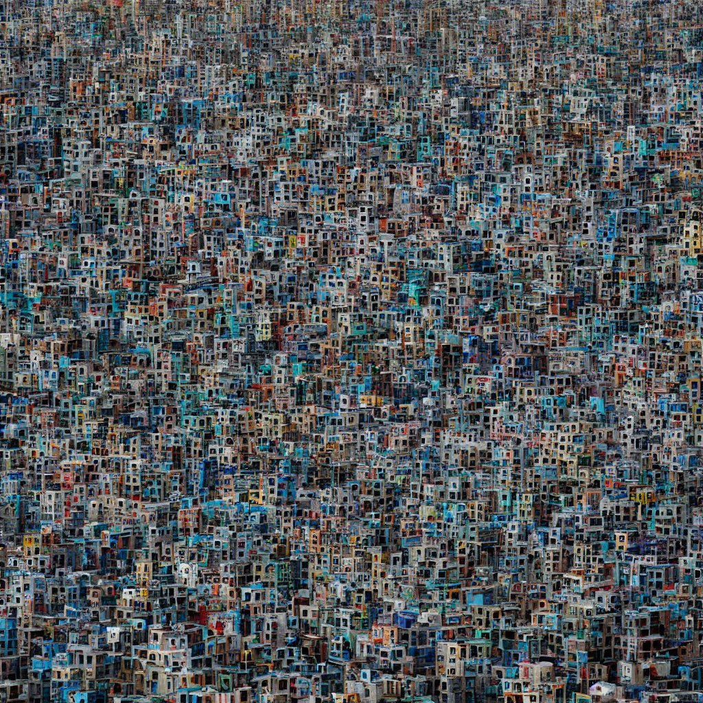 Image similar to close - up swirling towers made up of colourful makeshift squatter shacks, faded colours, neutral sky, dystopia, mamiya, very detailed, ultra sharp, photographed by john chiara and ansel adams