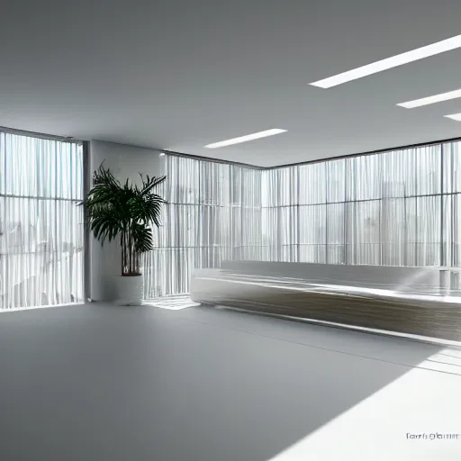 Image similar to a white empty pink office with sun rays looming down, with a pool inside, dynamic lighting, photorealistic concept art, trending on art station, stunning visuals, creative, cinematic, ultra detailed, ray tracing