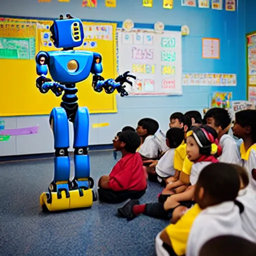 Image similar to a robot teaching kids in an elementary school, national geographic photography, 3 d