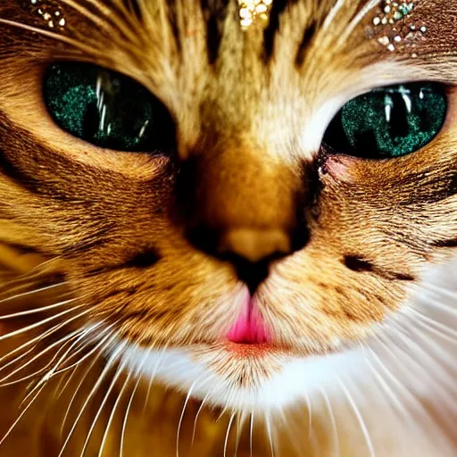 Prompt: a photo of an angry cat covered in glitter, highly detailed, photorealistic, f 2. 8