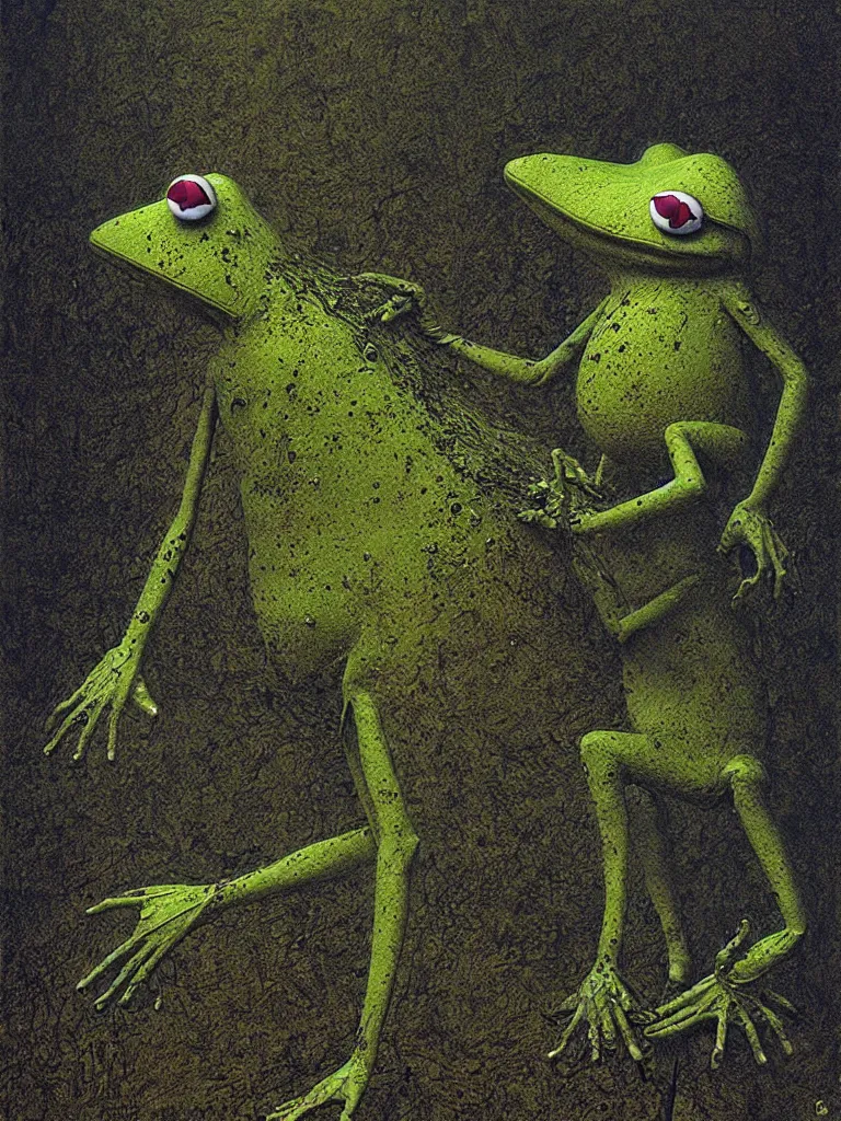 Prompt: bloody Kermit the frog megalophobia by Beksinski, detailed