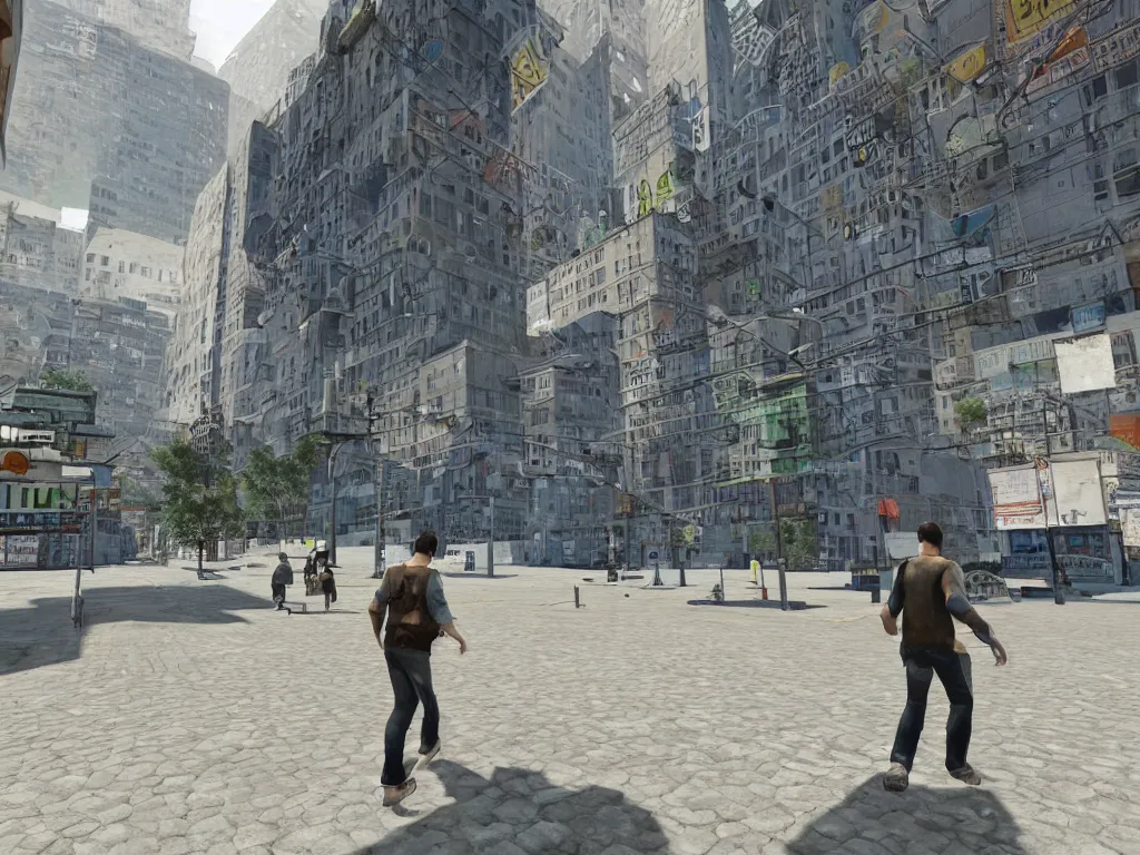 Image similar to man walking in ps1 third person game city
