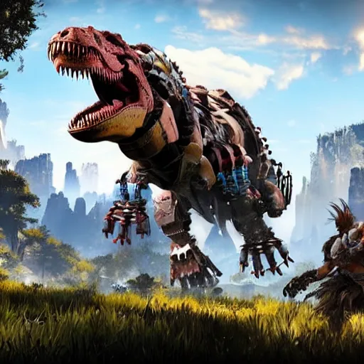 Prompt: gameplay of horizon zero dawn, si - fi robotic tyrannosaurus rex, highly detailed