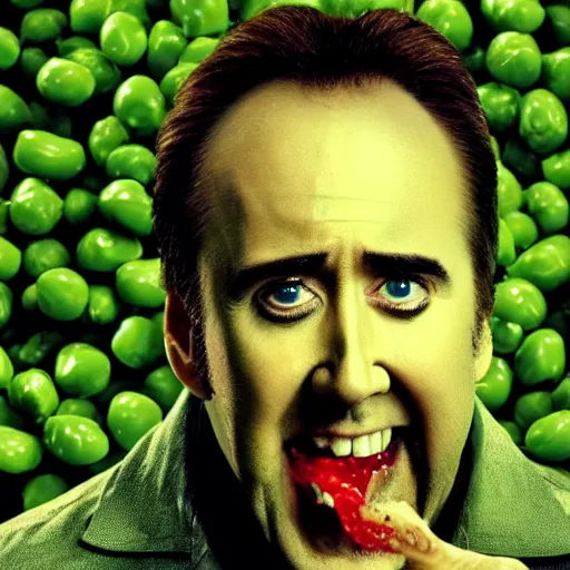 Image similar to nicolas cage trapped in a wicker cage with peas on his face, screaming, movie still, hdr