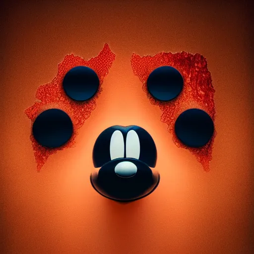 Image similar to counterfeit mickey mouse head, fractal, broken, psychedelic dystopia, wet, mycelium, radiant alien, rococo, baroque, automotive, bio-mechanical, porcelain, iridescent, sub surface scattering, octane render