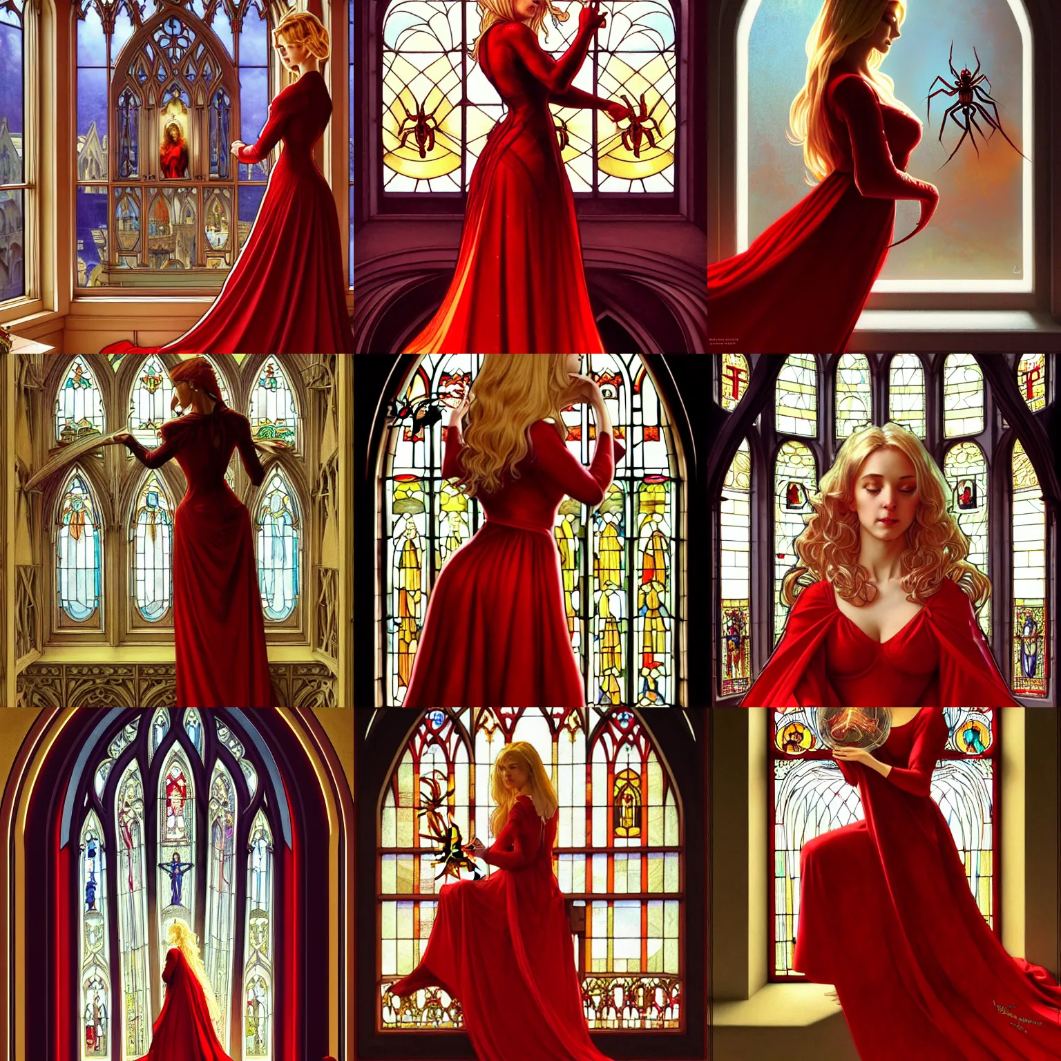 Prompt: church window, beautiful blonde woman in a red dress with a giant spider behind her, closeup, D&D, fantasy, intricate, elegant, highly detailed, digital painting, artstation, concept art, matte, sharp focus, illustration, art by Artgerm and Greg Rutkowski and Alphonse Mucha