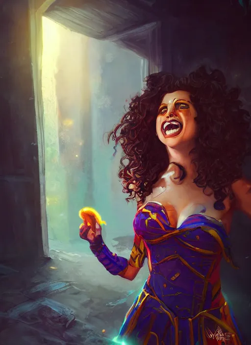 Prompt: an epic fantasy comic book style portrait painting of a girl wearing colorful makeup with a smile and curly brown hair stepping out of a doorway with light shining behind her, unreal 5, daz, hyperrealistic, octane render, cosplay, rpg portrait, dynamic lighting, very detailed face