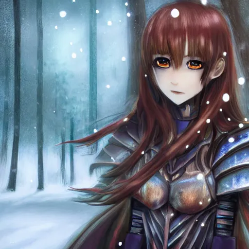 Prompt: portrait focus of knight beautiful 3D anime girl, wood armor wearing, dark forest background, snowing, bokeh, inspired by Masami Kurumada, digital painting, high contrast, unreal engine render, volumetric lighting, high détail