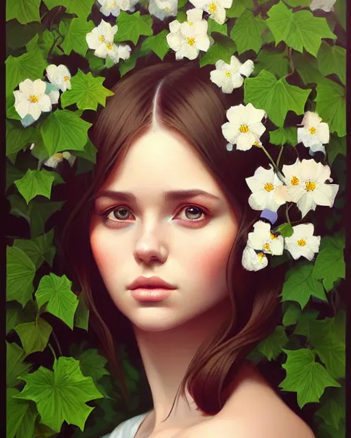 Prompt: stylized portrait of an artistic pose, composition, young lady sorrounded by nature, ivy's, flowers, one single head, realistic shaded, fine details, realistic shaded lighting poster by ilya kuvshinov, magali villeneuve, artgerm, jeremy lipkin and michael garmash and rob rey