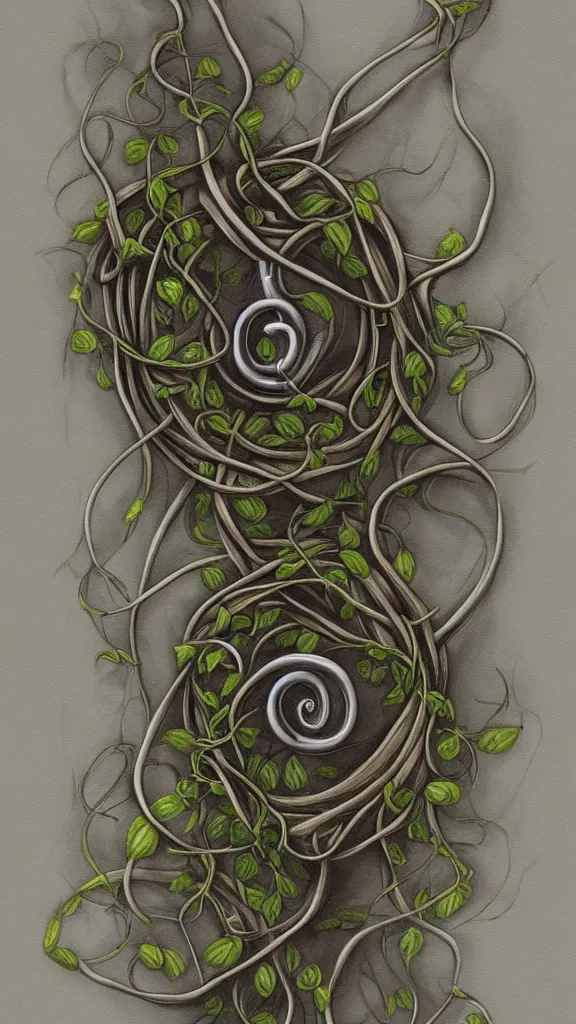 Image similar to a French horn with long thick vines wrapping around it, fantasy art, art station, grey background,