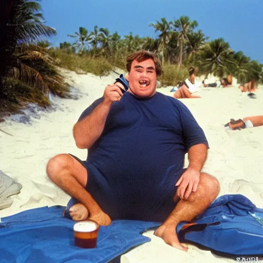 Image similar to john candy is relaxing on the beach, he is rubbing barbeque sauce on his skin. robin williams rubs bbq sauce on hos skin but his arms are too hairy, vacation photo