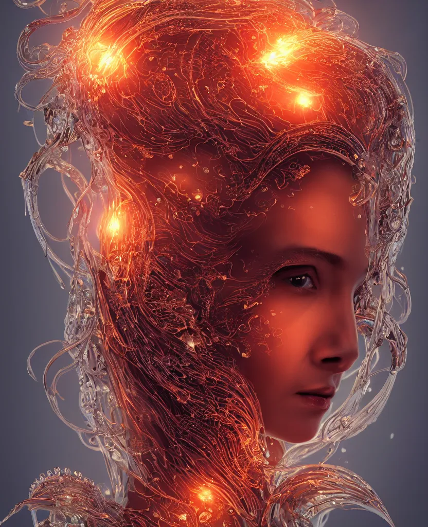 Image similar to close-up macro portrait of the face of a beautiful princess, epic angle and pose, symmetrical artwork, 3d with depth of field, blurred background, cybernetic jellyfish female face skull phoenix bird, translucent, nautilus, energy flows of water and fire. a highly detailed epic cinematic concept art CG render. made in Maya, Blender and Photoshop, octane render, excellent composition, cinematic dystopian brutalist atmosphere, dynamic dramatic cinematic lighting, aesthetic, very inspirational, arthouse. y Greg Rutkowski, Ilya Kuvshinov, WLOP, Stanley Artgerm Lau, Ruan Jia and Fenghua Zhong