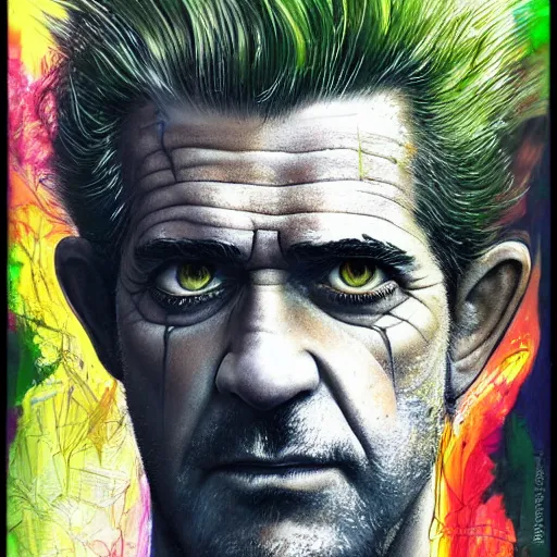 Image similar to a Demon Slayer portrait of Mel Gibson, tall, pale-skinned, slender with lime green eyes and long eyelashes by Stanley Artgerm, Tom Bagshaw, Arthur Adams, Carne Griffiths, trending on Deviant Art, street art, face enhance, chillwave, maximalist, full of color, glittering