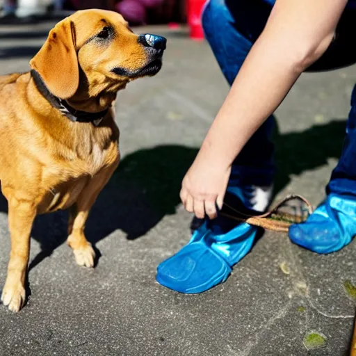 Image similar to a dog with one human leg being given wheat treats