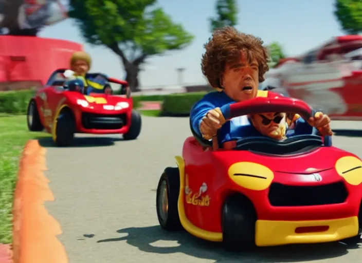 Image similar to peter dinklage racing emmanuel lewis driving a little tikes cars, movie still, from the new fast and furious movie, 8 k, realistic