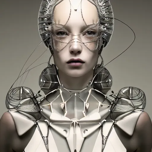 Prompt: closeup portrait of an absurdly beautiful, graceful, sophisticated, fashionable cyberpunk mechanoid gravure idol, an ultrafine hyperdetailed illustration by irakli nadar, matt wisniewski style, fashion photography, intricate linework, porcelain skin, jellyfish headdress, fractal ivory carved ruff, unreal engine 5 highly rendered, global illumination, radiant light, detailed and intricate environment