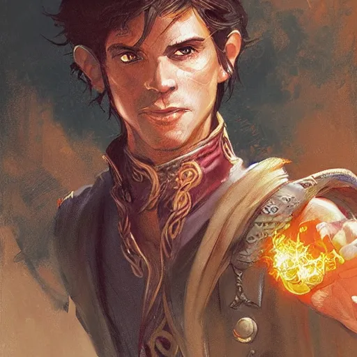 Prompt: beautiful portrait painting of a very short and small male halfing bard from pathfinder, casting fireball, painted by larry elmore, wayne reynolds, greg rutkowski, magic the gathering, dungeons and dragons, dishonored 2