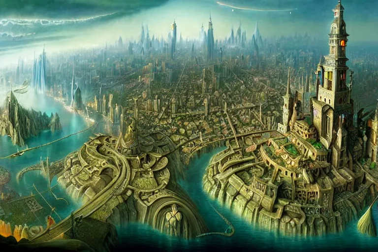 Image similar to a beautiful stunning insanely detailed matte painting of a magical mythical city at the edge of world buzzing with activity by Heironymous Bosch and Jim Burns