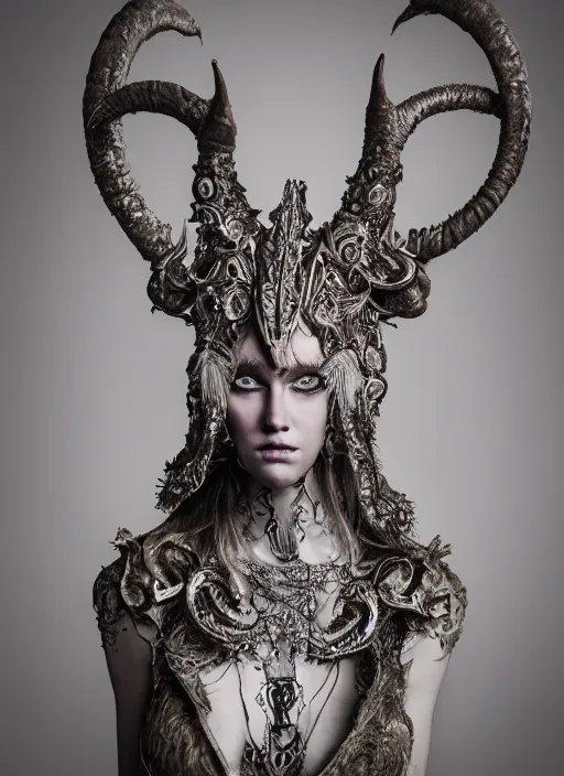 Image similar to a portrait of female by stefan geselle and nekro borja, photorealistic, intricate details, hyper realistic, fantasy, elegant, baroque, horn, ram skull headpiece, photorealistic, photography, symmetrical features, symmetrical pose, wide angle shot, feet on the ground, wearable art, unreal engine