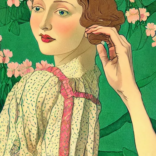 Image similar to a lot of flowers patterns morphing in a beautiful girls face, art nouveau wallpaper, film still by wes anderson, depicted by balthus, limited color palette, very intricate, art nouveau, highly detailed, lights by hopper, soft pastel colors, minimalist