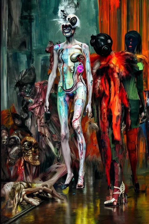 Image similar to crazy fashion catwalk, freak show, one model, crazy clothes, biopunk style, horror, hauntingly surreal, highly detailed painting by francis bacon, edward hopper, adrian ghenie, gerhard richter, and james jean soft light 4 k