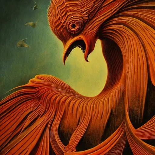 Prompt: bird beak creature, freak show, surrealism, fractalism, strange, hyperdetailed, photorealistic, interesting, benoit b. mandelbrot, m. c. escher, patrick woodroffe, ernst fuchs, zdzisław beksinski, id magazine, octane, cinematic, hyperrealism, 8 k, depth of field, bokeh