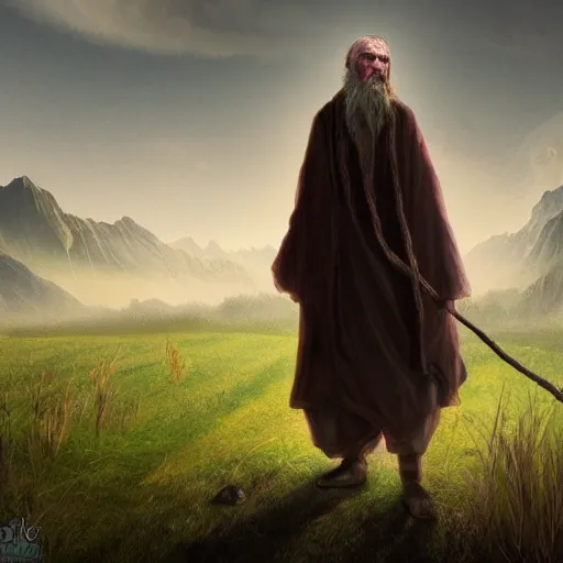 Image similar to Old prophet wandering about a haunted meadow, Fantasy Realm, Distant mountains, Digital Art, 4k