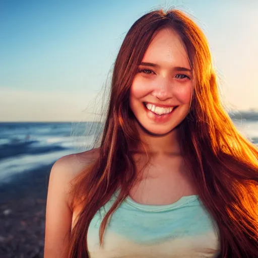 Prompt: A cute and beautiful young woman, long shiny bronze brown hair, green eyes, cute freckles, smug smile, golden hour, beach background, medium shot, mid-shot, trending on Artstation