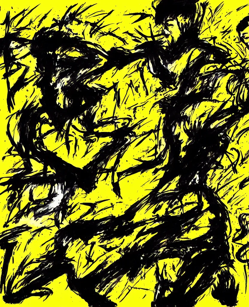 Image similar to a portrait of bruce lee screaming drawn with black and yellow permanent marker