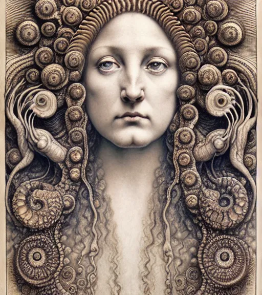 Image similar to detailed realistic beautiful ammonite goddess face portrait by jean delville, gustave dore, iris van herpen and marco mazzoni, art forms of nature by ernst haeckel, art nouveau, symbolist, visionary, gothic, neo - gothic, pre - raphaelite, fractal lace, intricate alien botanicals, biodiversity, surreality, hyperdetailed ultrasharp octane render