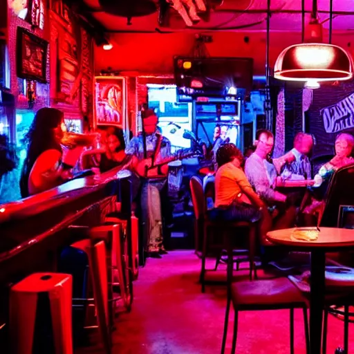 Image similar to a funky band playing at a small bar, red neon lights, good mood, people sitting in tables