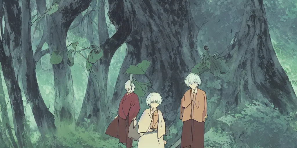 Image similar to jinko showing a new mushi, mushishi by studio ghibli walppaper splash art promo art